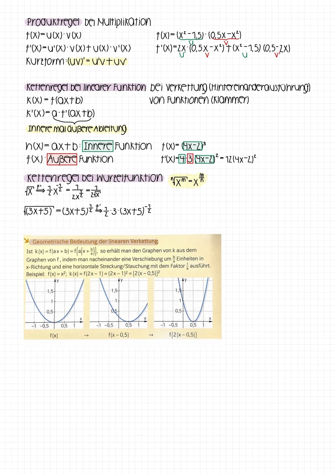 Produktregel bei Multiplikation
f(x)=U(X) V(X)
f'(x)=u'(X) V(X) + U(X)• V'(X)
Kurzform (uv)' = u'vtuv'
Kettenregel bei linearer Funktion bei