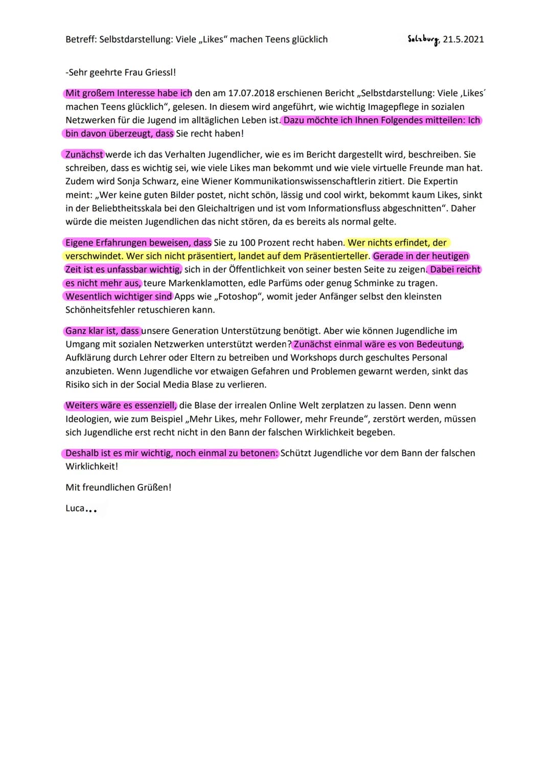 Betreff: Selbstdarstellung: Viele ,,Likes" machen Teens glücklich
-Sehr geehrte Frau Griess!!
Mit großem Interesse habe ich den am 17.07.201