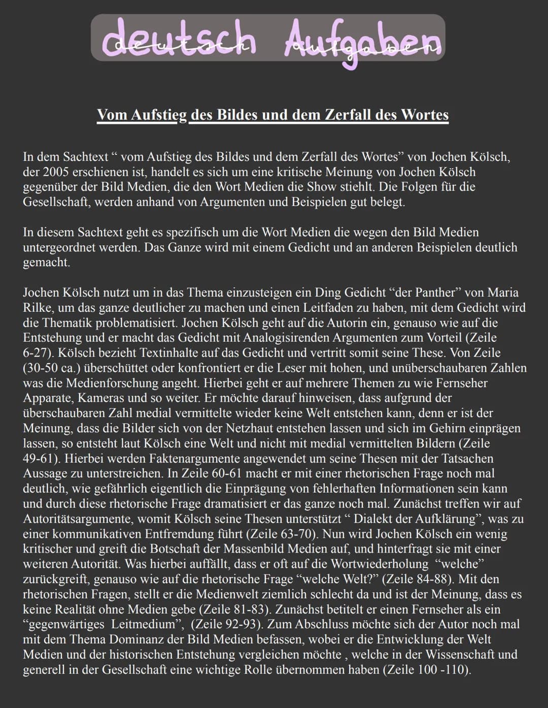 deutsch Aufgaben
Vom Aufstieg des Bildes und dem Zerfall des Wortes
In dem Sachtext" vom Aufstieg des Bildes und dem Zerfall des Wortes" von