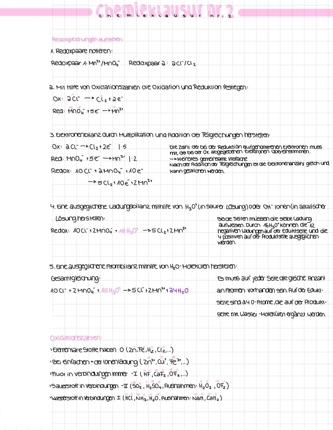 Chemieklausur Dr. 2
Reaoxgleichungen aufstellen:
A. Redoxpaare notieren:
Redoxpaar 1: Mn²+ / Mnai Redoxpaar 2 201²/C²₂
2. Mit Hilfe von Oxic