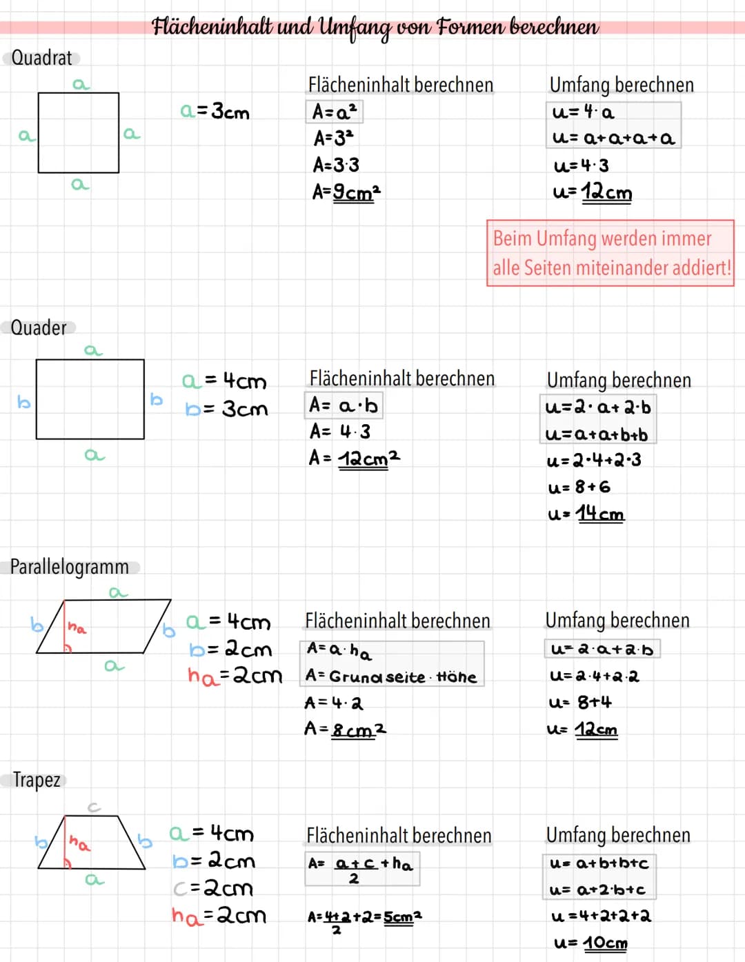 Quadrat
a
Quader
b
b
Trapez
a
Parallelogramm
b
a
na
C
na
a
a
a
Flächeninhalt und Umfang von Formen berechnen
b
a=3cm
a = 4cm
b= 3cm
a = 4cm
