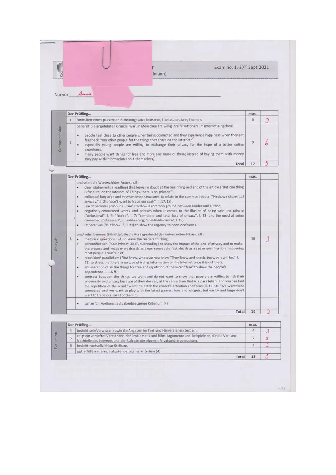 Name:
Comprehensio
Analysis
Evaluation
2
Anna
Der Prüfling...
1 formuliert einen passenden Einleitungssatz (Textsorte, Titel, Autor, Jahr, T