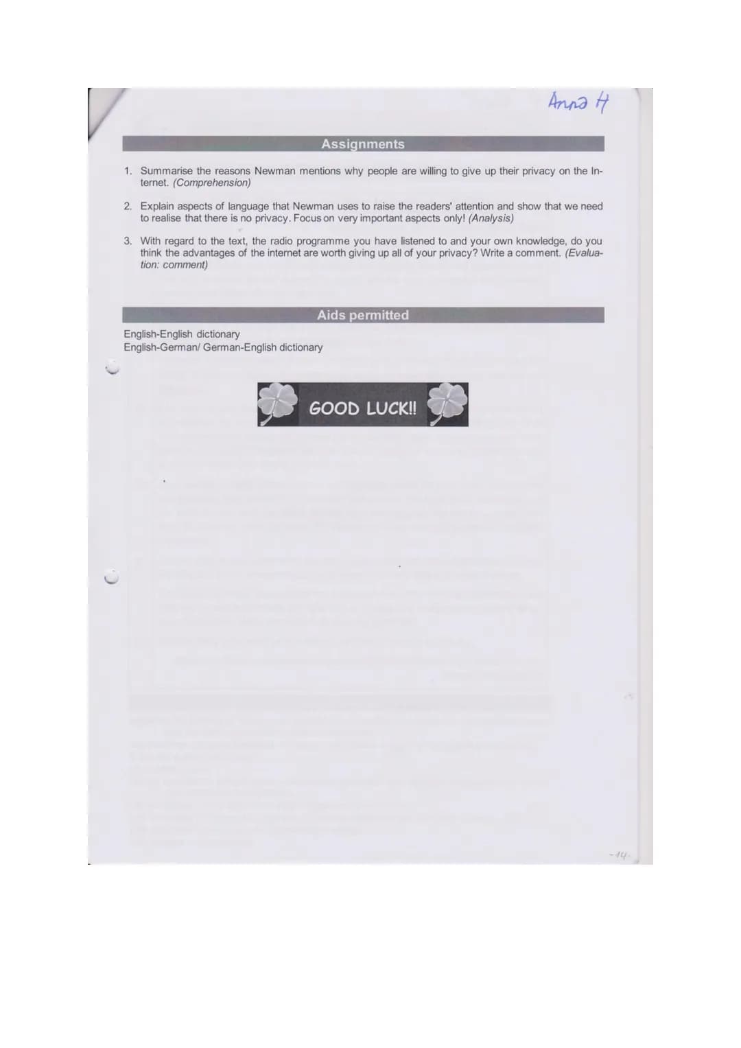 Name:
Comprehensio
Analysis
Evaluation
2
Anna
Der Prüfling...
1 formuliert einen passenden Einleitungssatz (Textsorte, Titel, Autor, Jahr, T