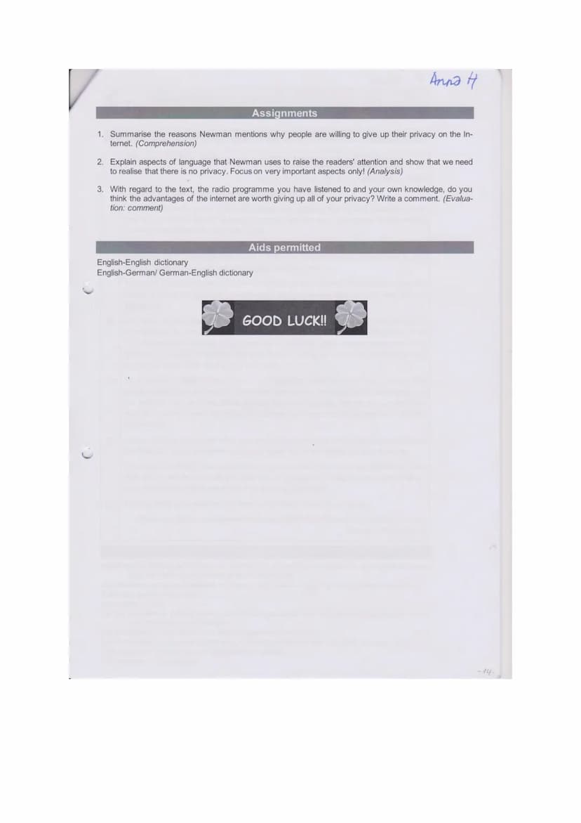 Name:
Comprehensio
Analysis
Evaluation
2
Anna
Der Prüfling...
1 formuliert einen passenden Einleitungssatz (Textsorte, Titel, Autor, Jahr, T