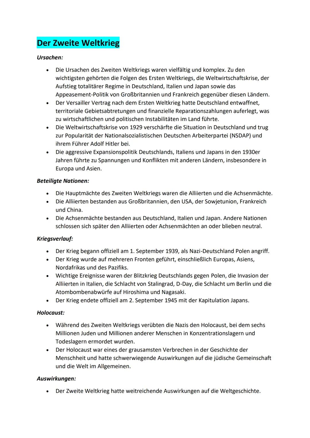 # Der Zweite Weltkrieg

Ursachen:

- Die Ursachen des Zweiten Weltkriegs waren vielfältig und komplex. Zu den
wichtigsten gehörten die Folge