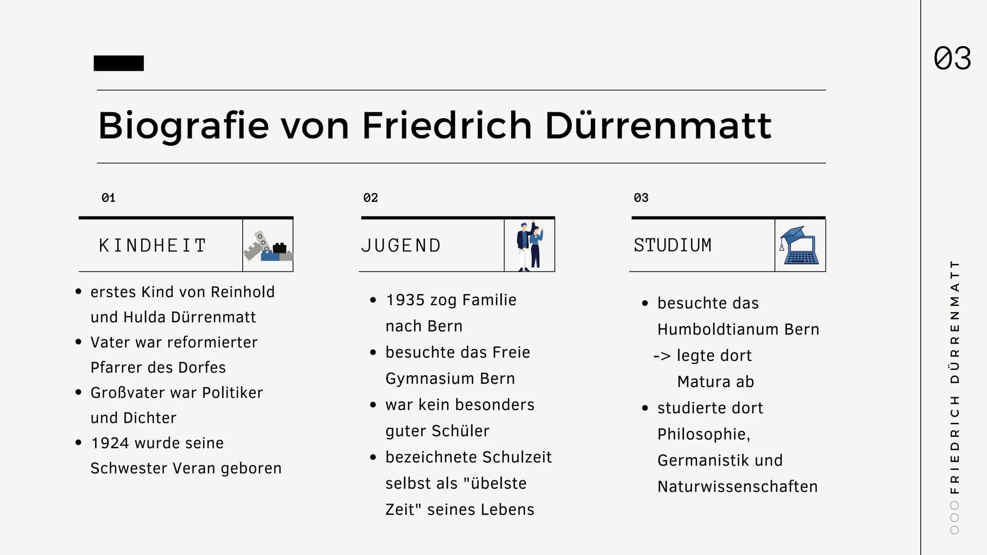 Biografie
Friedrich
Dürrenmatt
Name: Dilek, Luisa, Trang
Fach: Deutsch
Lehrer/in: Frau Renne
OOO
|||
= Gliederung
1. Biografie
1.1. Kindheit
