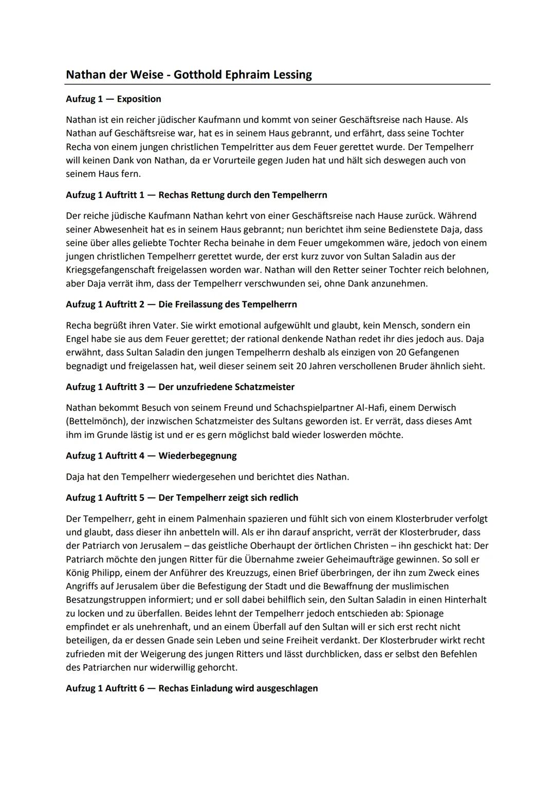 # Nathan der Weise - Gotthold Ephraim Lessing

Aufzug 1- Exposition

Nathan ist ein reicher jüdischer Kaufmann und kommt von seiner Geschäft