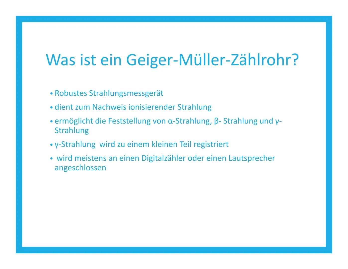 DAS GEIGER-
MÜLLER-
ZÄHLROHR Inhalt
Was ist ein Geiger-Müller-Zählrohr?
Aufbau
Funktionsweise
Geschichte
Typen von Geiger-Müller-Zählrohren
