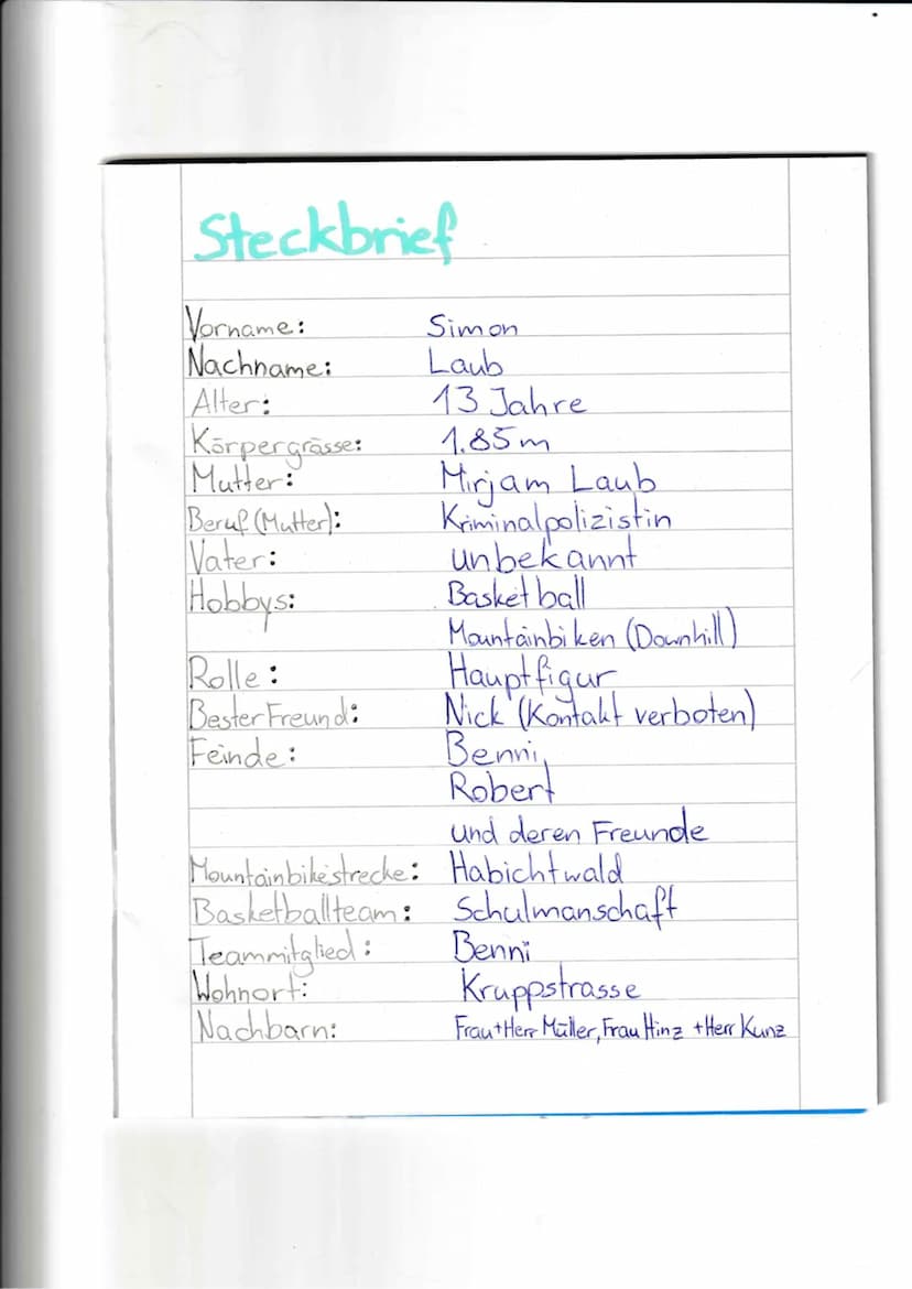 Steckbrief
Vorname:
Nachname:
Alter:
Korpergrasser
Mutter:
Beruf (Mutter):
Vater:
Hobbys:
Rolle:
Bester Freund:
Feinde:
Simon
Laub
13 Jahre
