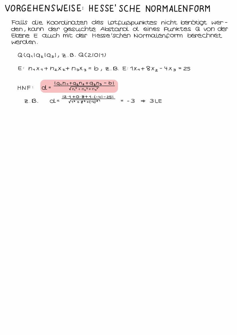 E
F
I
Abstand Punkt - Ebene
Q(9₁192193), z. B. Q (21011)
EN ₁X₁+n₂X₂ + N 3 X3 =d, z. B.
E: 1X1 + 8x₂ - 4x3 = 25
Ein Punkt Q, der nicht in de