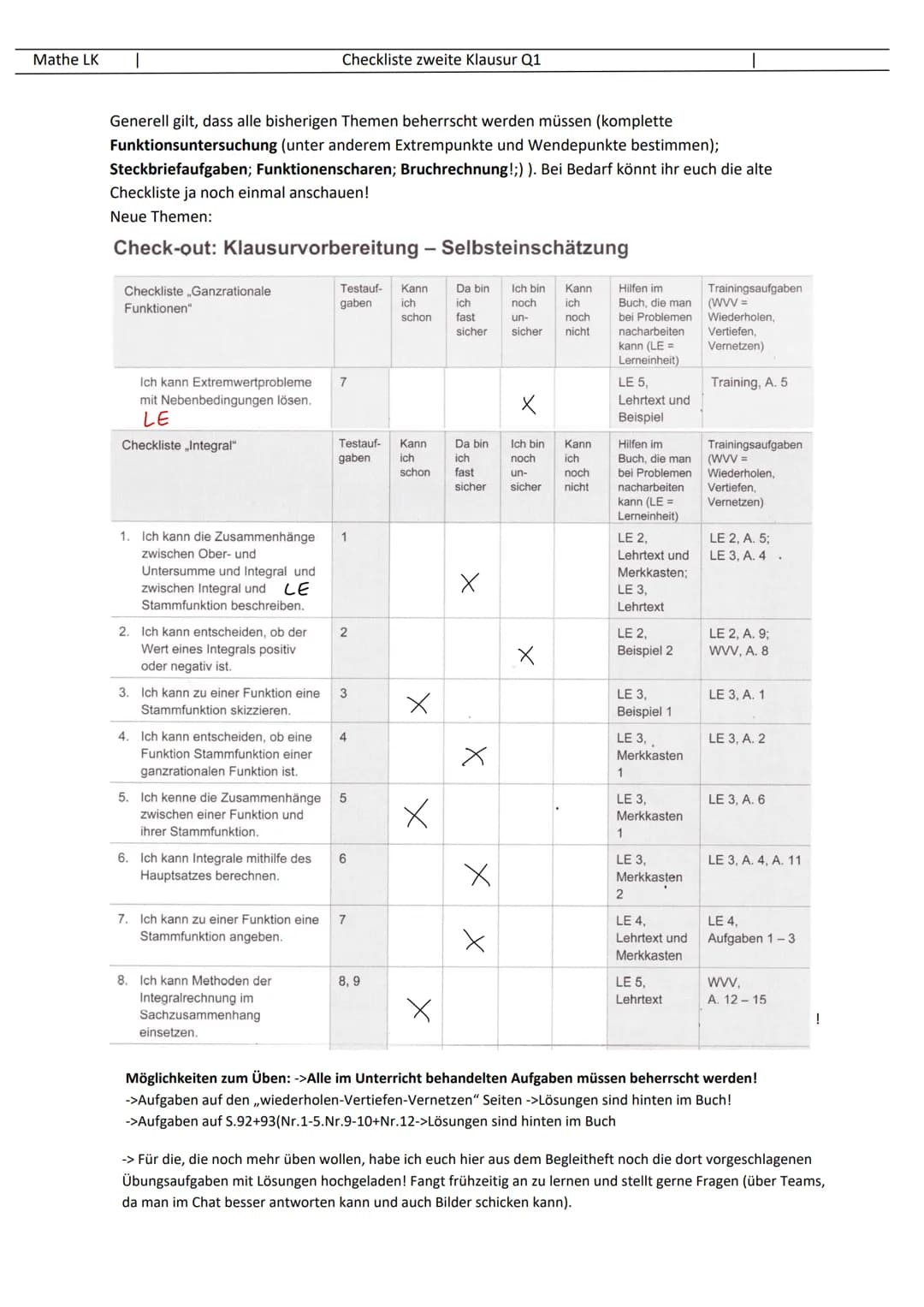  Mathe LK
Generell gilt, dass alle bisherigen Themen beherrscht werden müssen (komplette
Funktionsuntersuchung (unter anderem Extrempunkte u