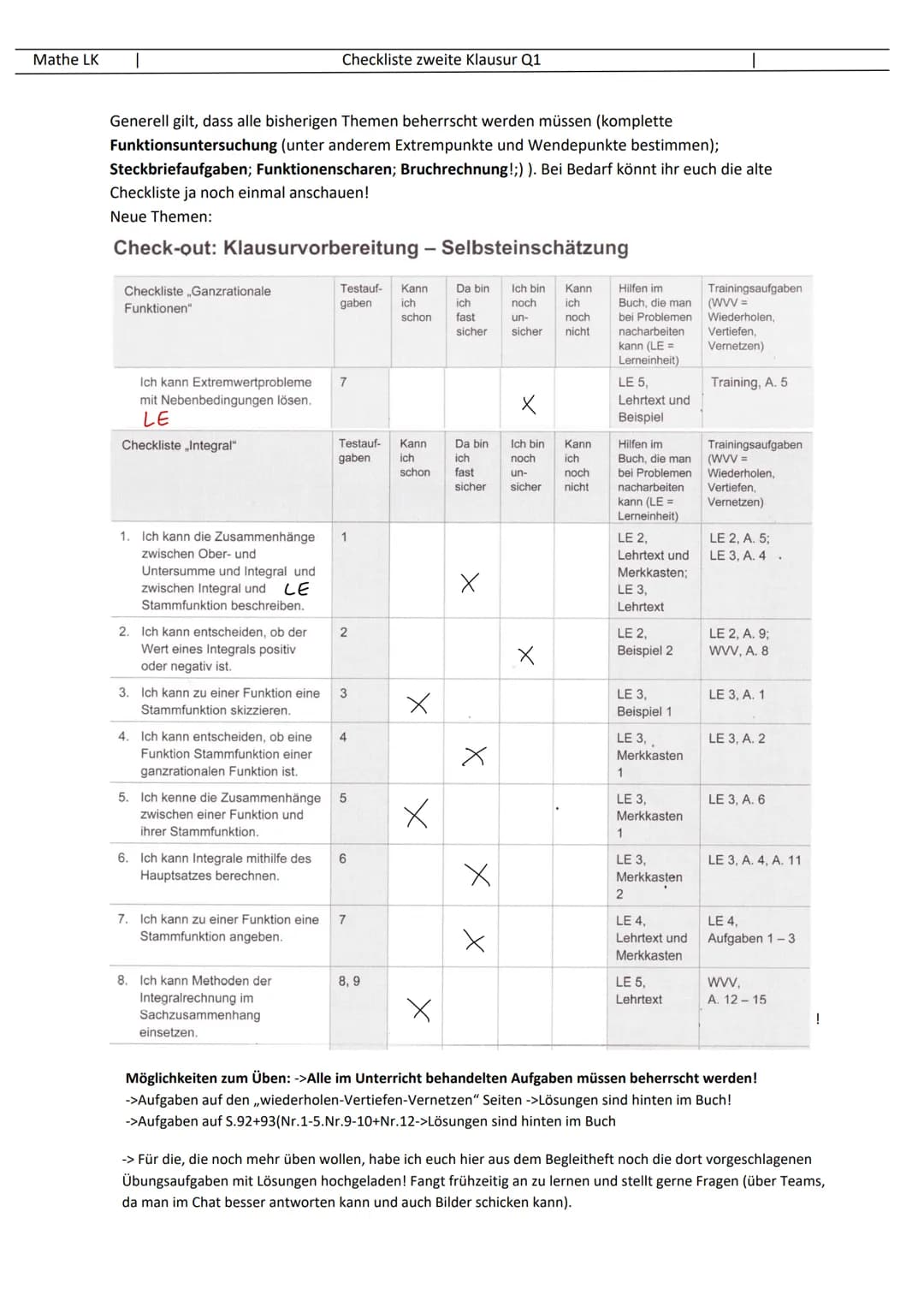  Mathe LK
Generell gilt, dass alle bisherigen Themen beherrscht werden müssen (komplette
Funktionsuntersuchung (unter anderem Extrempunkte u