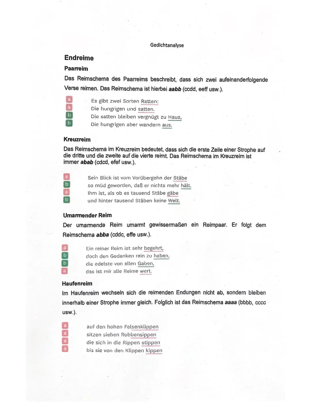 Endreime
Paarreim
Das Reimschema des Paarreims beschreibt, dass sich zwei aufeinanderfolgende
Verse reimen. Das Reimschema ist hierbei aabb 
