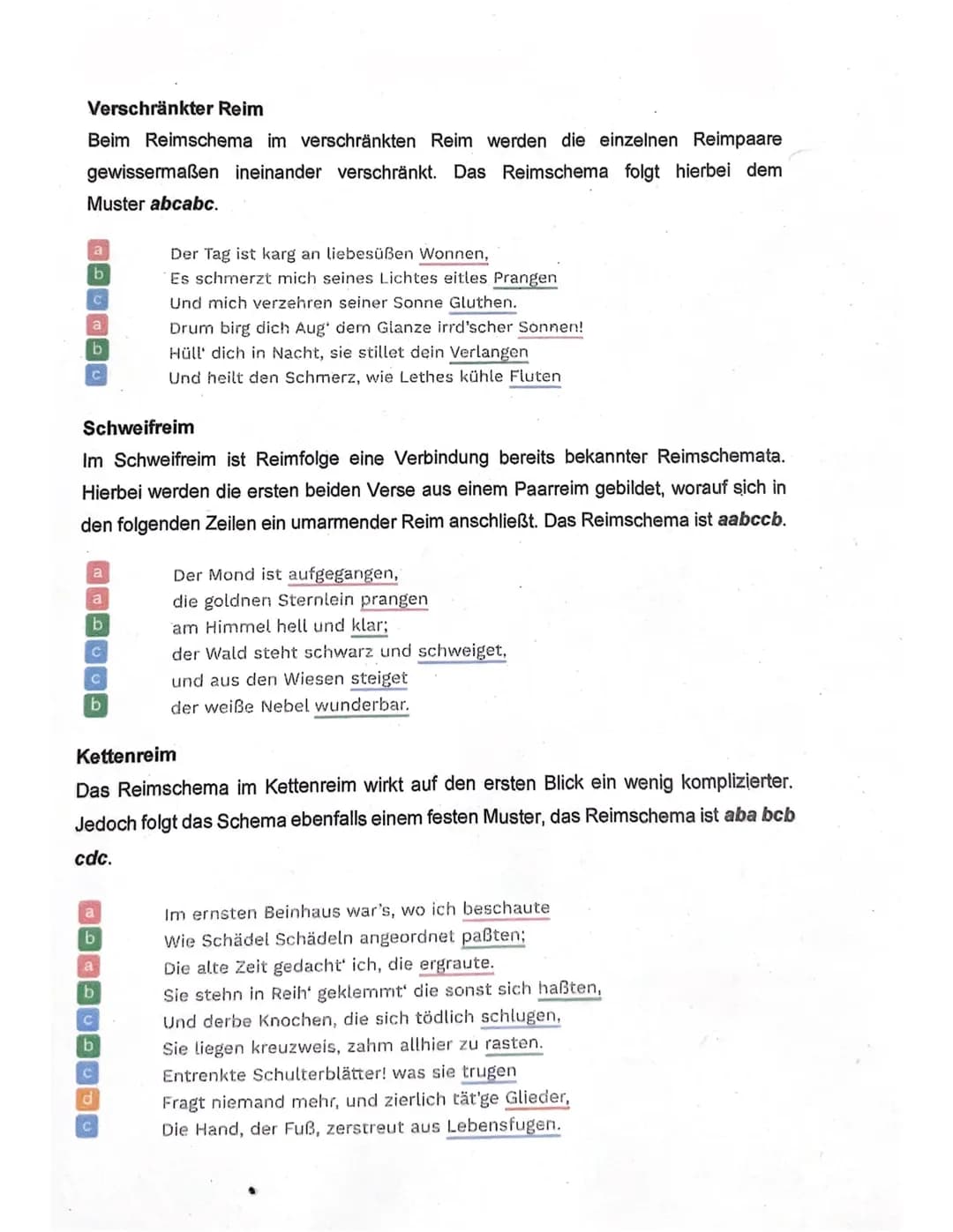 Endreime
Paarreim
Das Reimschema des Paarreims beschreibt, dass sich zwei aufeinanderfolgende
Verse reimen. Das Reimschema ist hierbei aabb 
