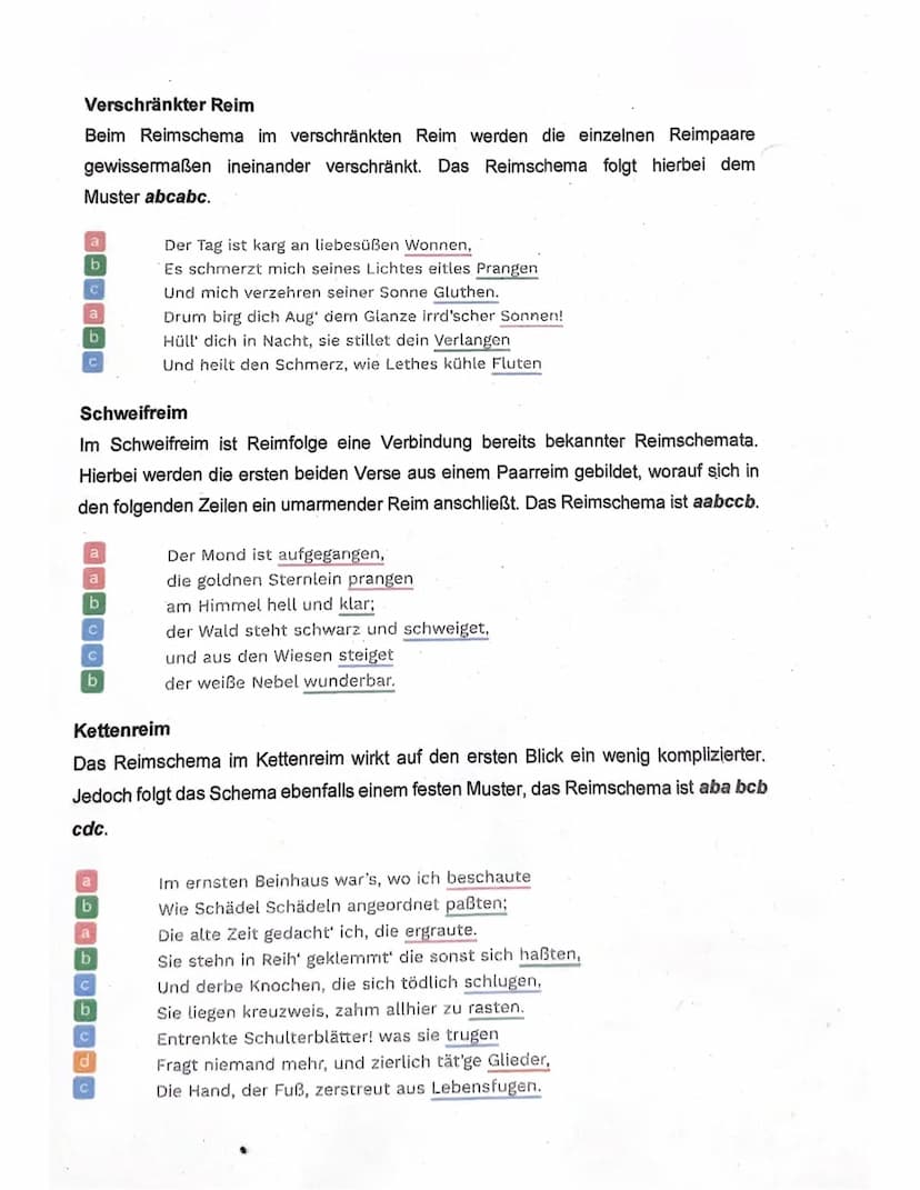 Endreime
Paarreim
Das Reimschema des Paarreims beschreibt, dass sich zwei aufeinanderfolgende
Verse reimen. Das Reimschema ist hierbei aabb 