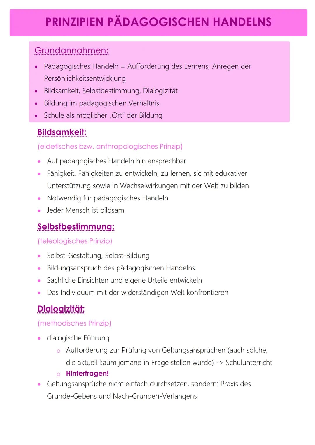 Grundannahmen:
Pädagogisches Handeln = Aufforderung des Lernens, Anregen der
●
●
●
●
●
Bildsamkeit:
(eidetisches bzw. anthropologisches Prin