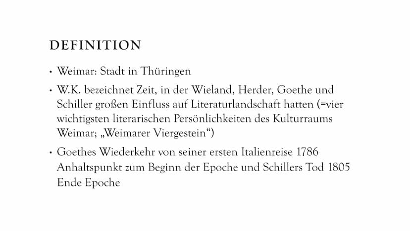 DIE WEIMARER
KLASSIK
1786-1832 ALLES WANKET, WO DER GLAUBE FEHLT."
FRIEDRICH SCHILLER: WALLENSTEINS TOD
(WICHTIGES WERK DER WEIMARER KLASSIK