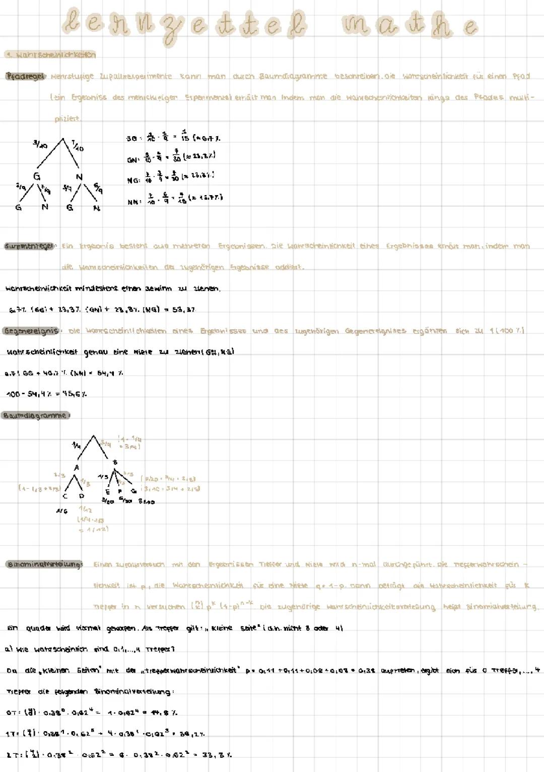 Wahrscheinlichkeiten (Summenregel, Gegenereignis, Baumdiagramme, Binominalverteilung)