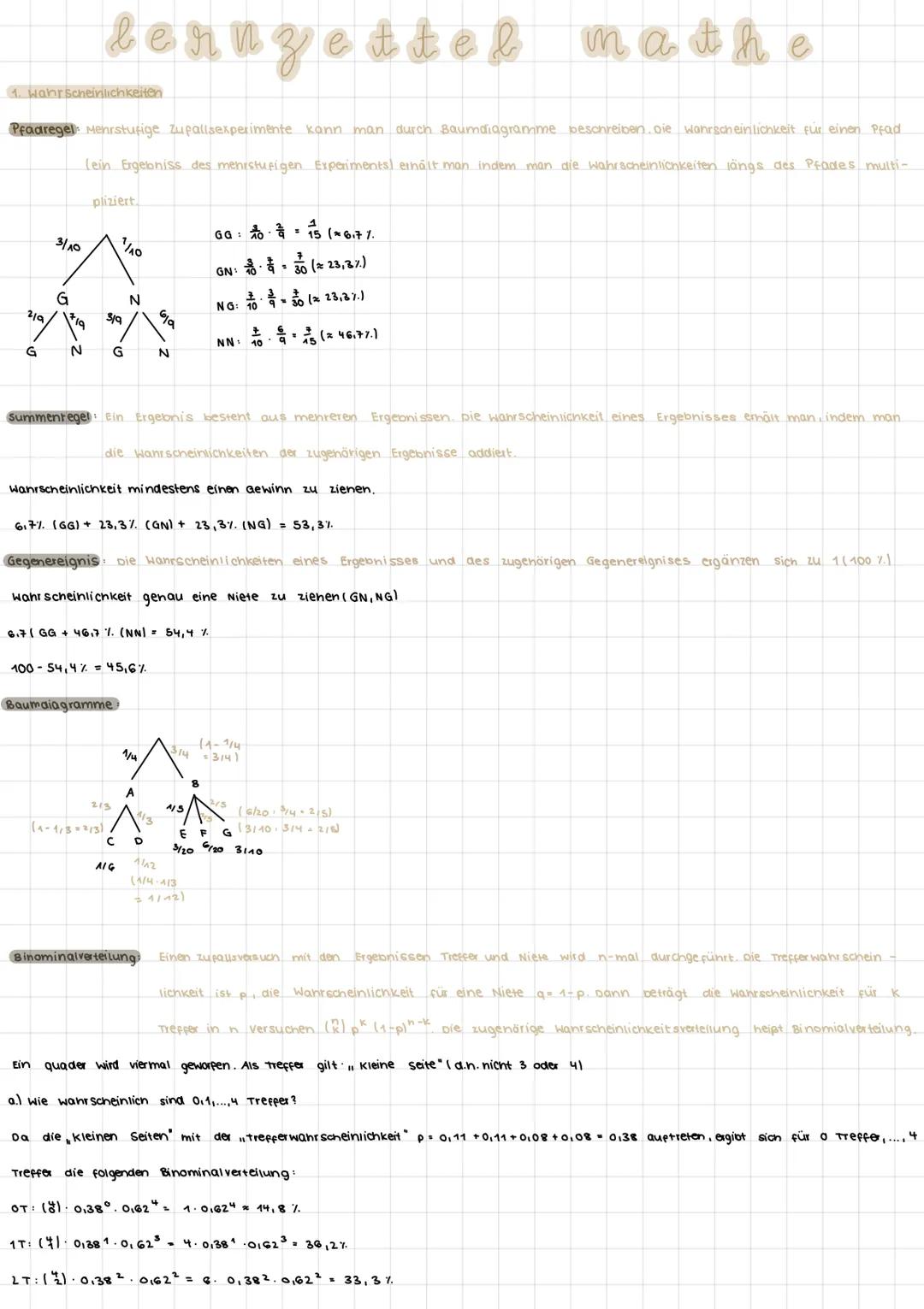 1. Wahrscheinlichkeiten
Pfadregel: Mehrstufige Zufallsexperimente kann man durch Baumdiagramme beschreiben. Die Wahrscheinlichkeit für einen