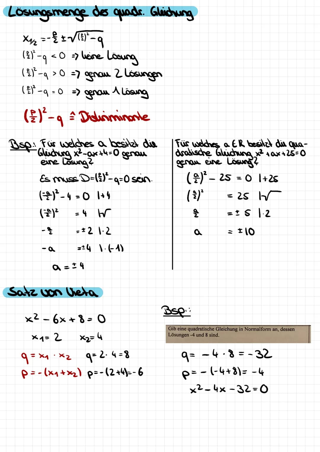 3. Quadratische Gleichungen
allg. Form:
Normal form:
ax² +bx+c = 01:a
²-0
+ a
b
a ·x+a=
↓
P
१
x² + px +q=0
x² +
=0
p-q- Formel: x₁₂2
Bsp.: x