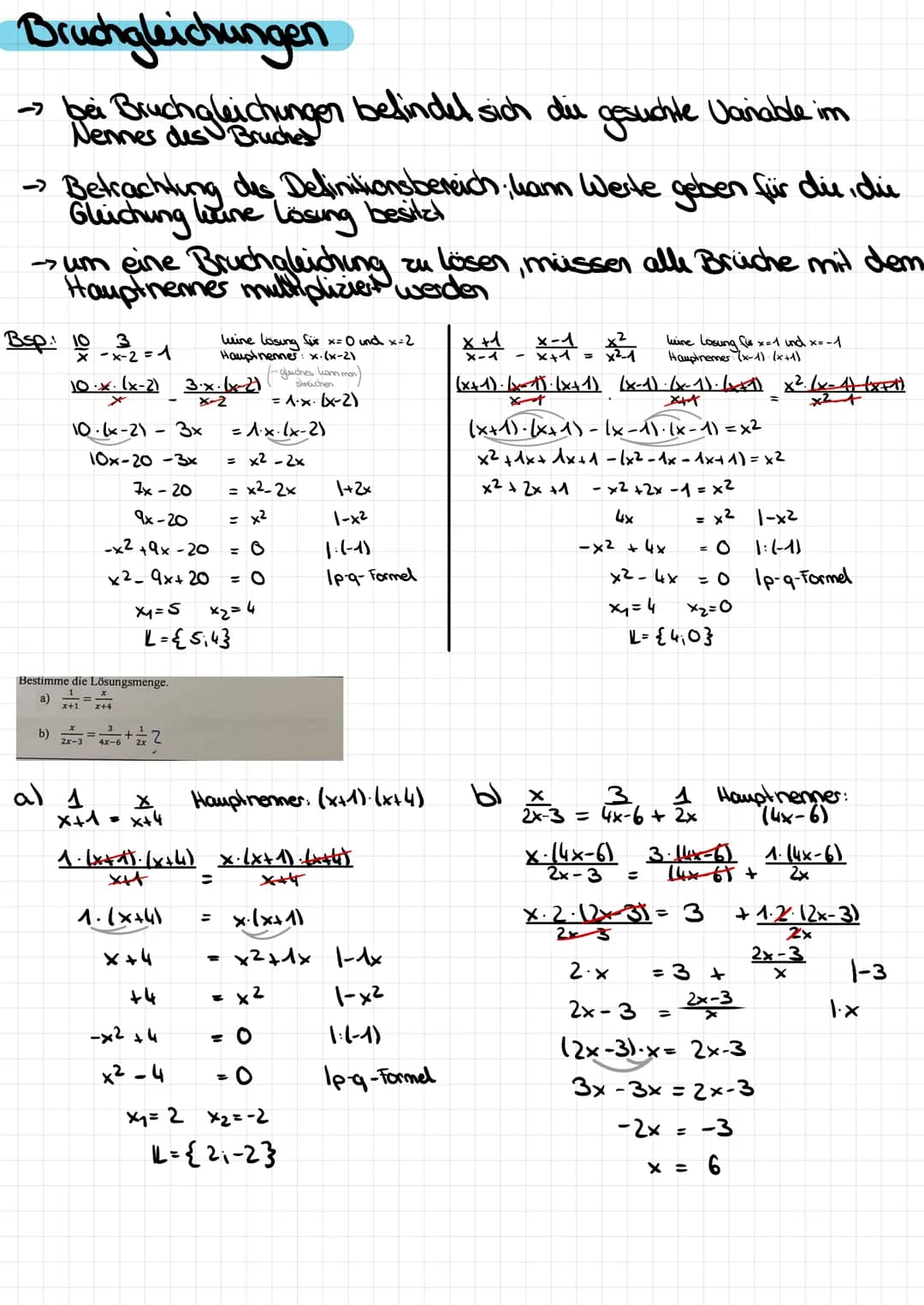 3. Quadratische Gleichungen
allg. Form:
Normal form:
ax² +bx+c = 01:a
²-0
+ a
b
a ·x+a=
↓
P
१
x² + px +q=0
x² +
=0
p-q- Formel: x₁₂2
Bsp.: x