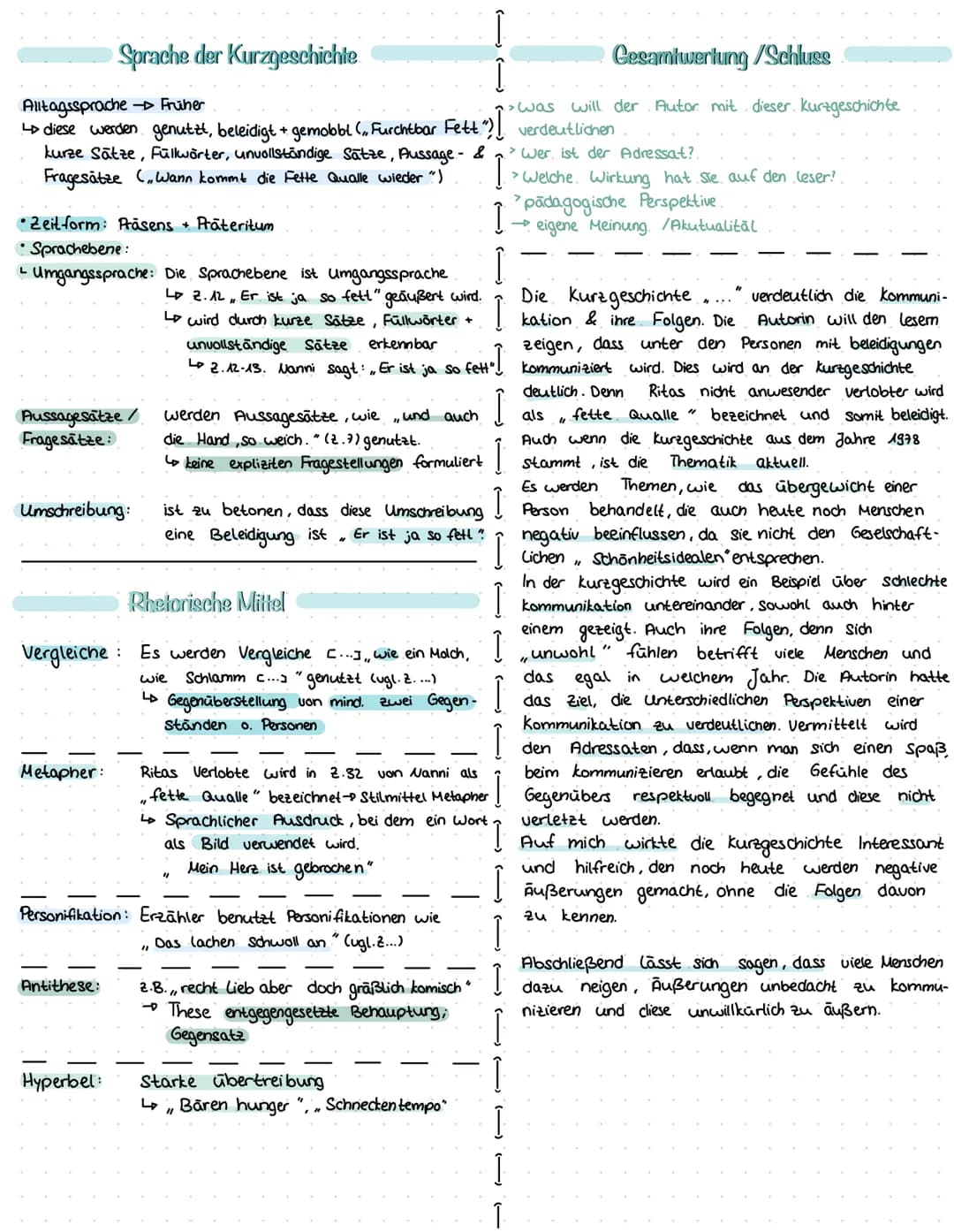 Aufbau einer Analyse:
Einleitung & Thema
Inhaltsangabe
Merkmale der Kurzgeschichte
Kommunikation
Figuren
Sprachliche Mittel
Gesamtdeutung + 