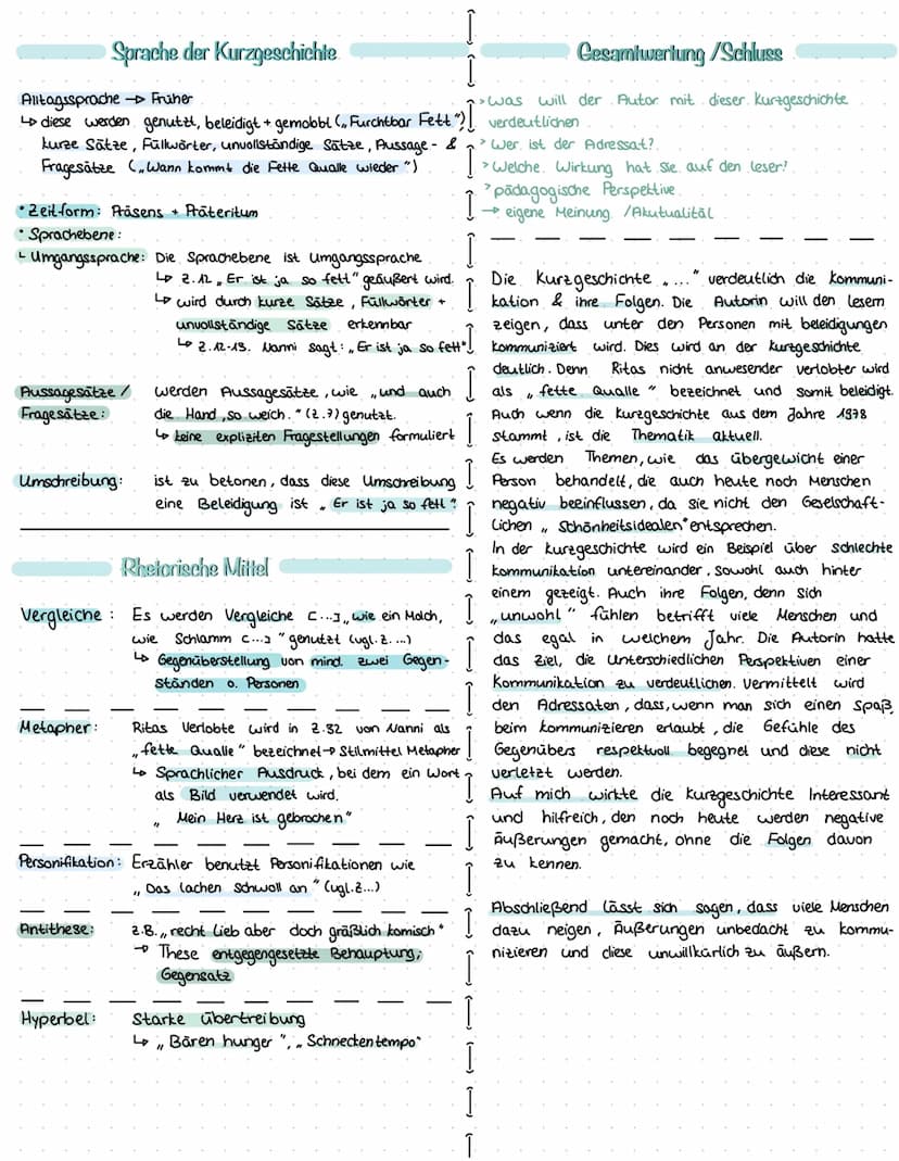 Aufbau einer Analyse:
Einleitung & Thema
Inhaltsangabe
Merkmale der Kurzgeschichte
Kommunikation
Figuren
Sprachliche Mittel
Gesamtdeutung + 