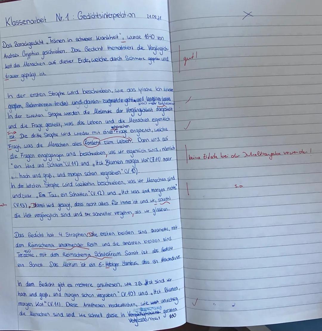 # Klassenarbeit Nr. 1: Gedichtsinterpretation
21.09.21

Das Barockgechicht, Tränen in schwerer Krankheit, wurde 1640 von
Andreas Gryphius ge