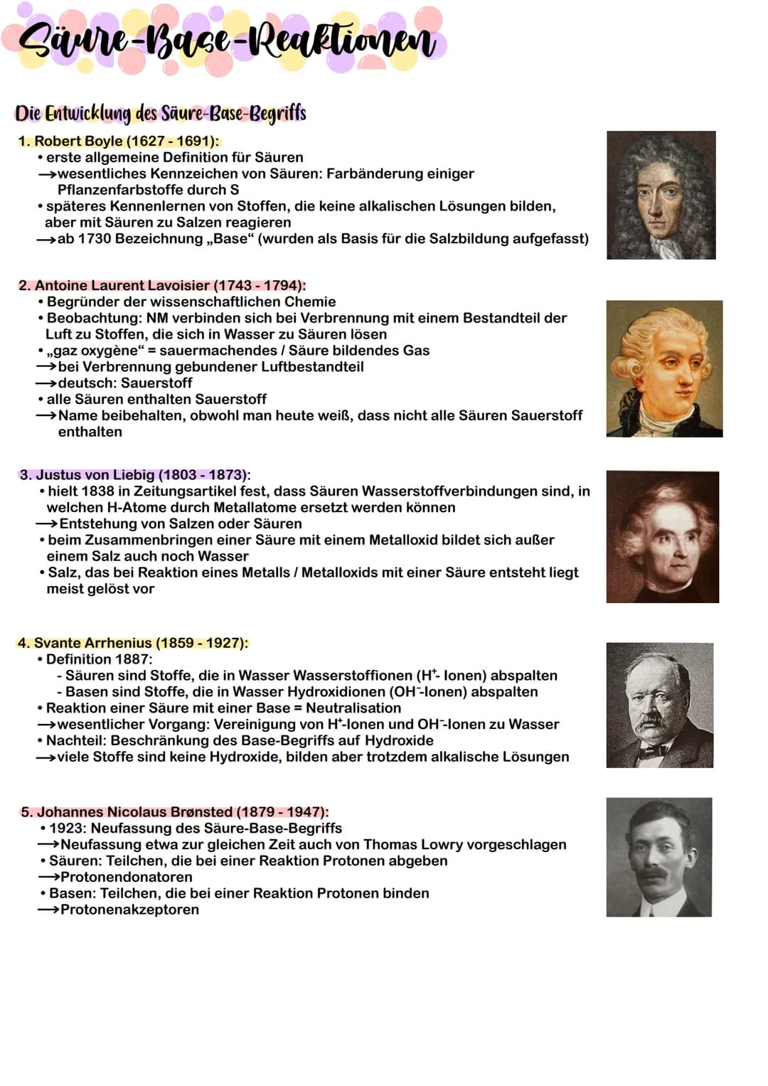 Säure-Base-Reaktionen
Die Entwicklung des Säure-Base-Begriffs
1. Robert Boyle (1627-1691):
• erste allgemeine Definition für Säuren
→wesentl
