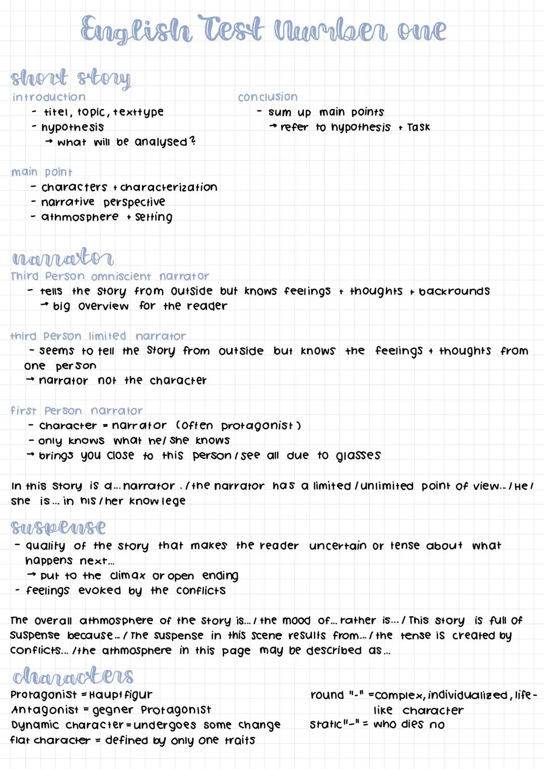 # English Test Number one

short story

introduction

- titel, topic, texttype
- hypothesis
	→ what will be analysed?

conclusion

- sum up 