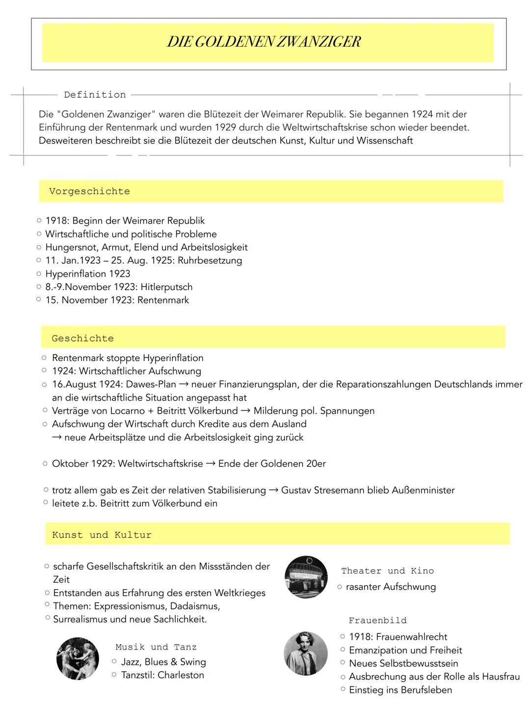 # DIE GOLDENEN ZWANZIGER

Definition

Die "Goldenen Zwanziger" waren die Blütezeit der Weimarer Republik. Sie begannen 1924 mit der
Einführu