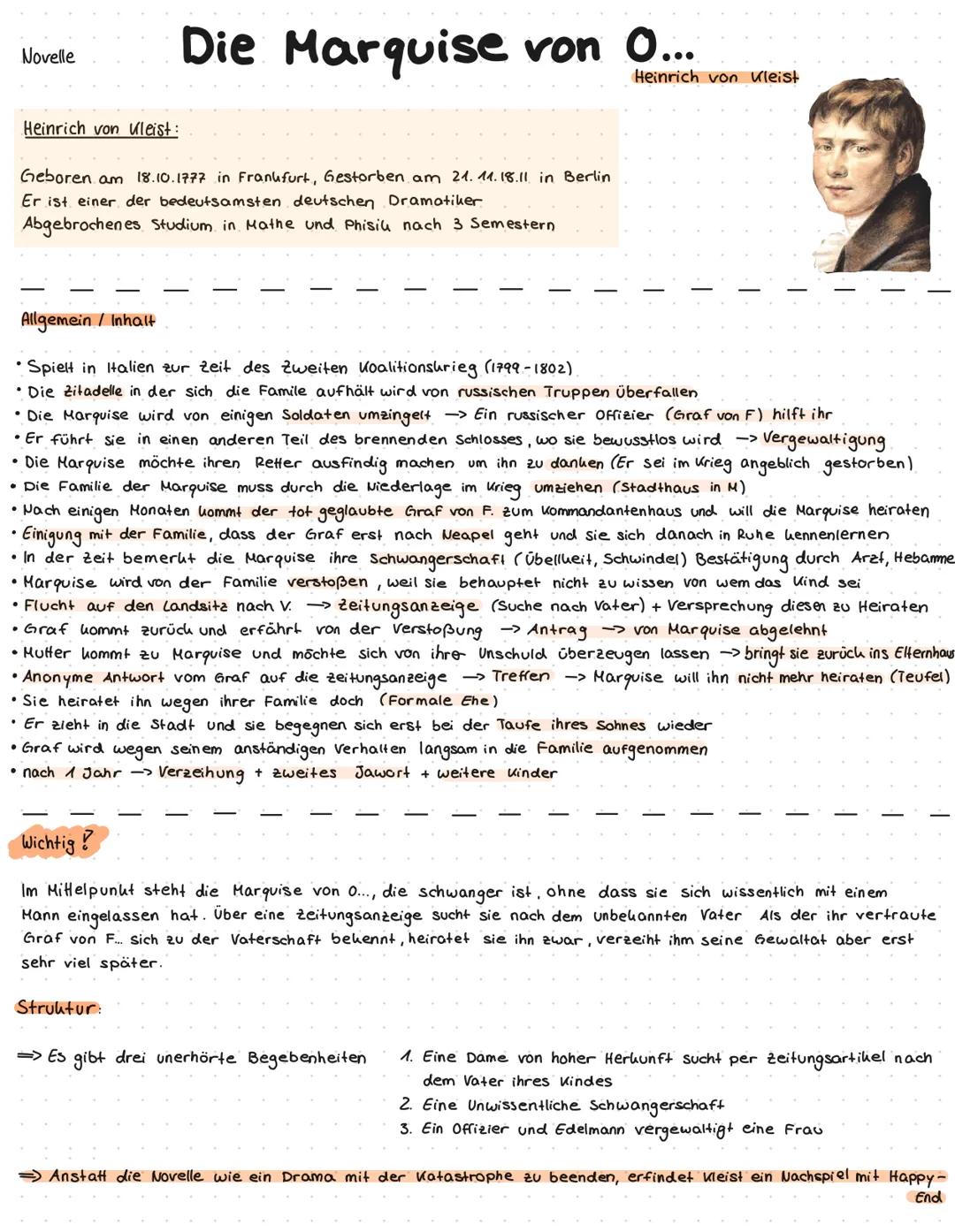 # Novelle

# Die Marquise von O...

Heinrich von Uleist:

Geboren am 18.10.1777 in Frankfurt, Gestorben am 21. 11.18.11 in Berlin
Er ist ein