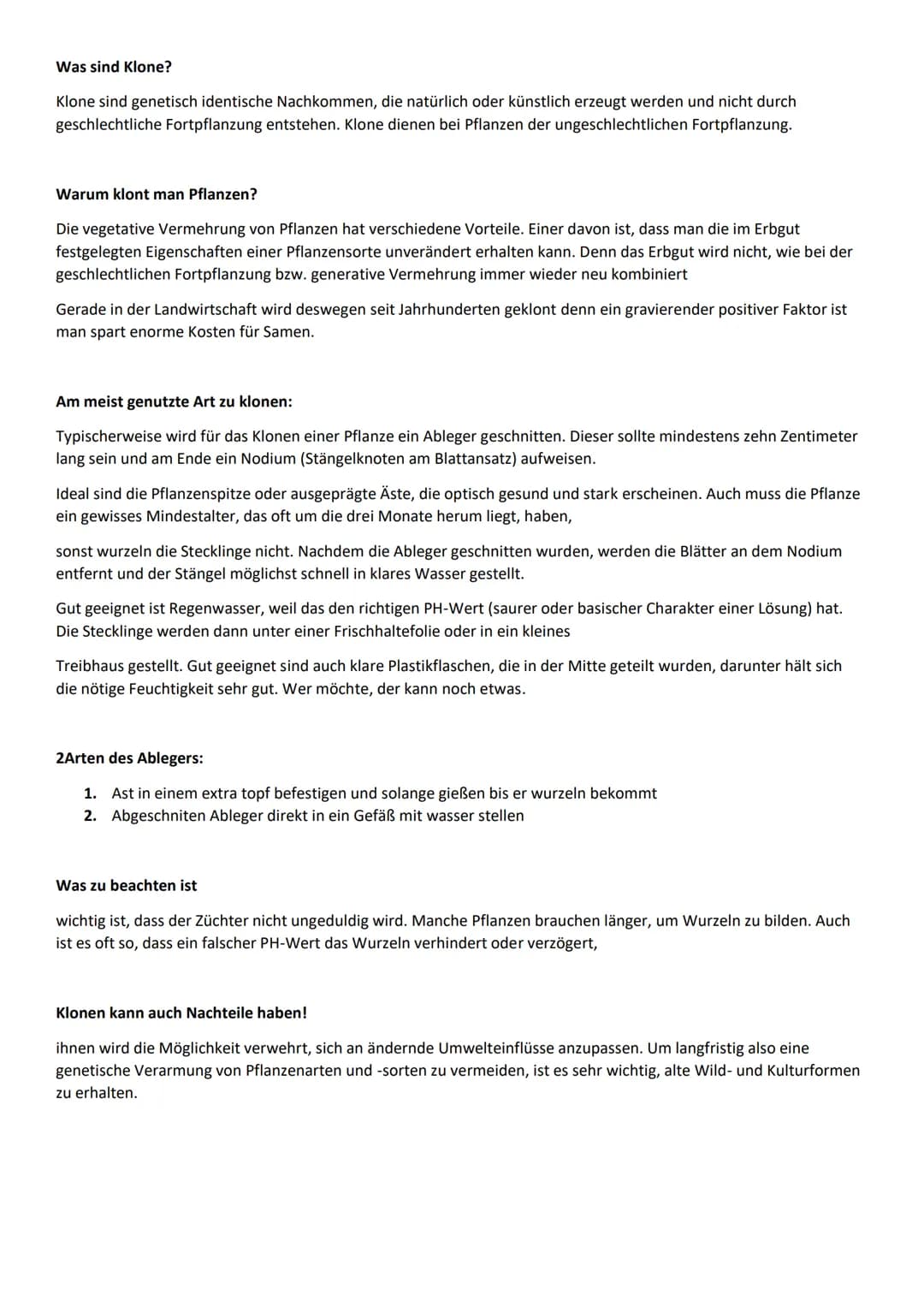 Was sind Klone?
Klone sind genetisch identische Nachkommen, die natürlich oder künstlich erzeugt werden und nicht durch
geschlechtliche Fort