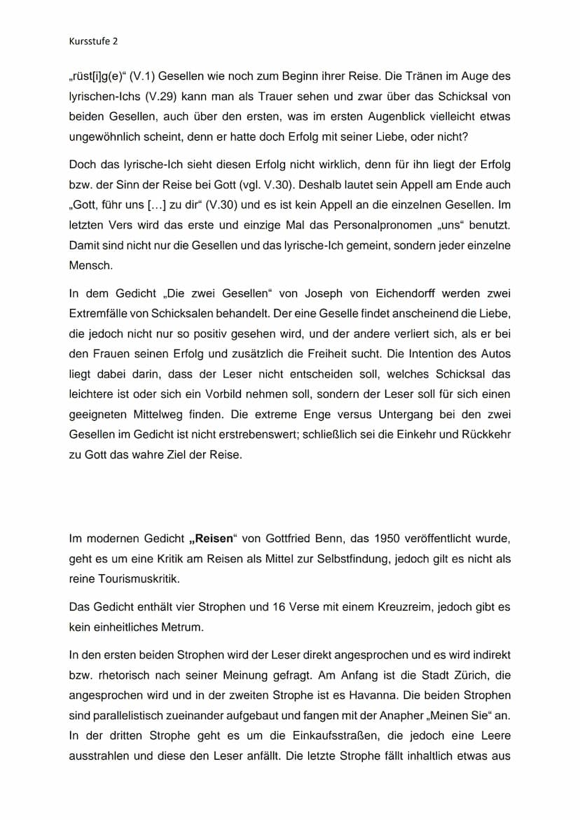 Kursstufe 2
Gedichtvergleich - Abitur Thema
Das romantische Gedicht „Die zwei Gesellen" von Joseph Eichendorff wurde 1818
veröffentlicht und