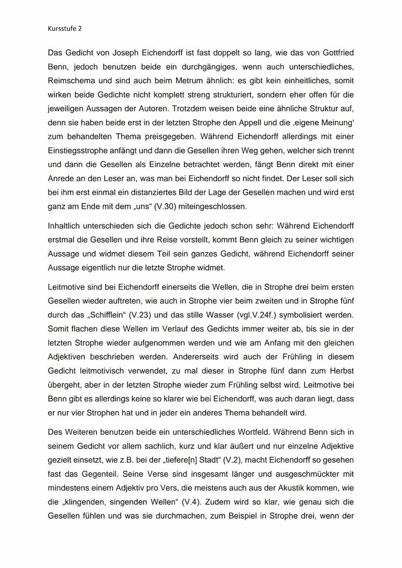 Kursstufe 2
Gedichtvergleich - Abitur Thema
Das romantische Gedicht „Die zwei Gesellen" von Joseph Eichendorff wurde 1818
veröffentlicht und