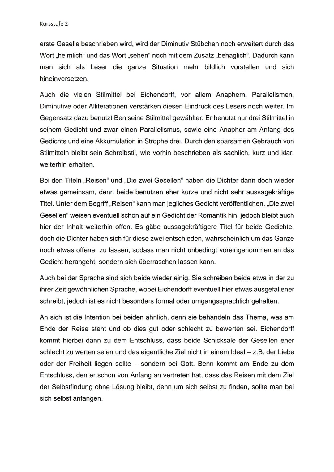 Kursstufe 2
Gedichtvergleich - Abitur Thema
Das romantische Gedicht „Die zwei Gesellen" von Joseph Eichendorff wurde 1818
veröffentlicht und