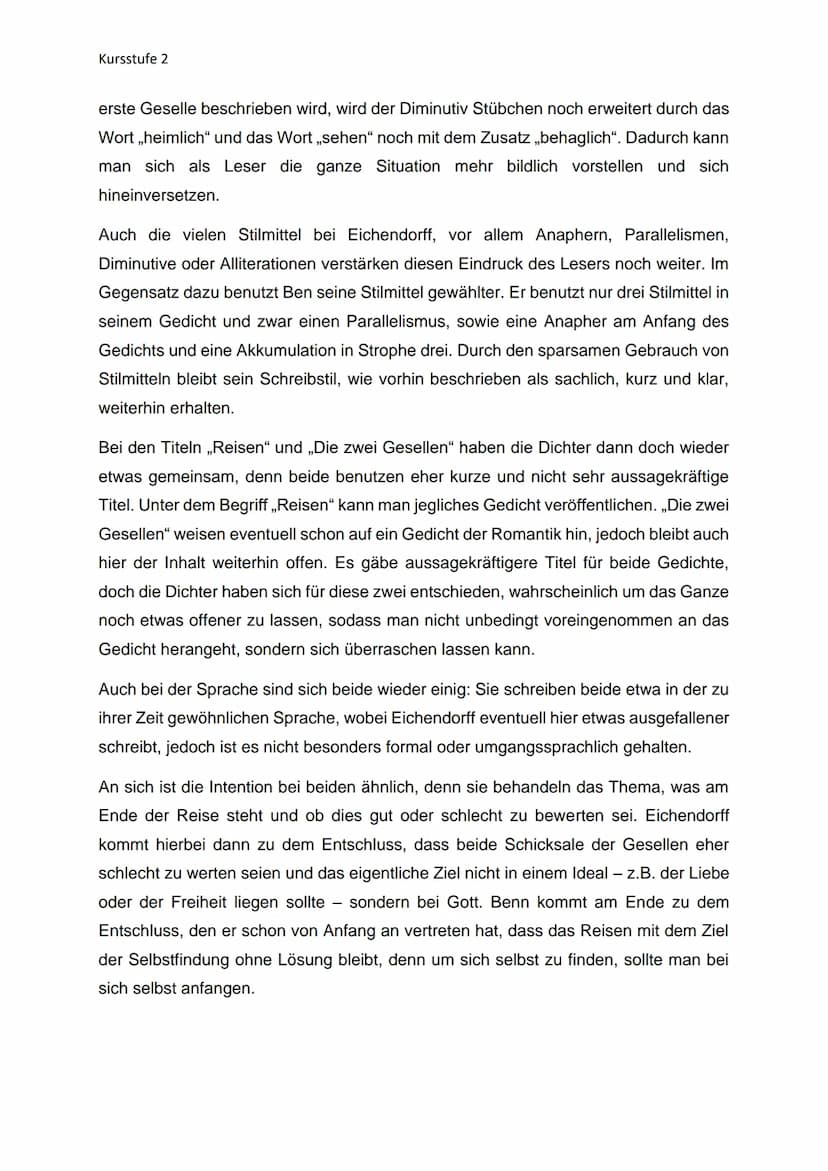Kursstufe 2
Gedichtvergleich - Abitur Thema
Das romantische Gedicht „Die zwei Gesellen" von Joseph Eichendorff wurde 1818
veröffentlicht und