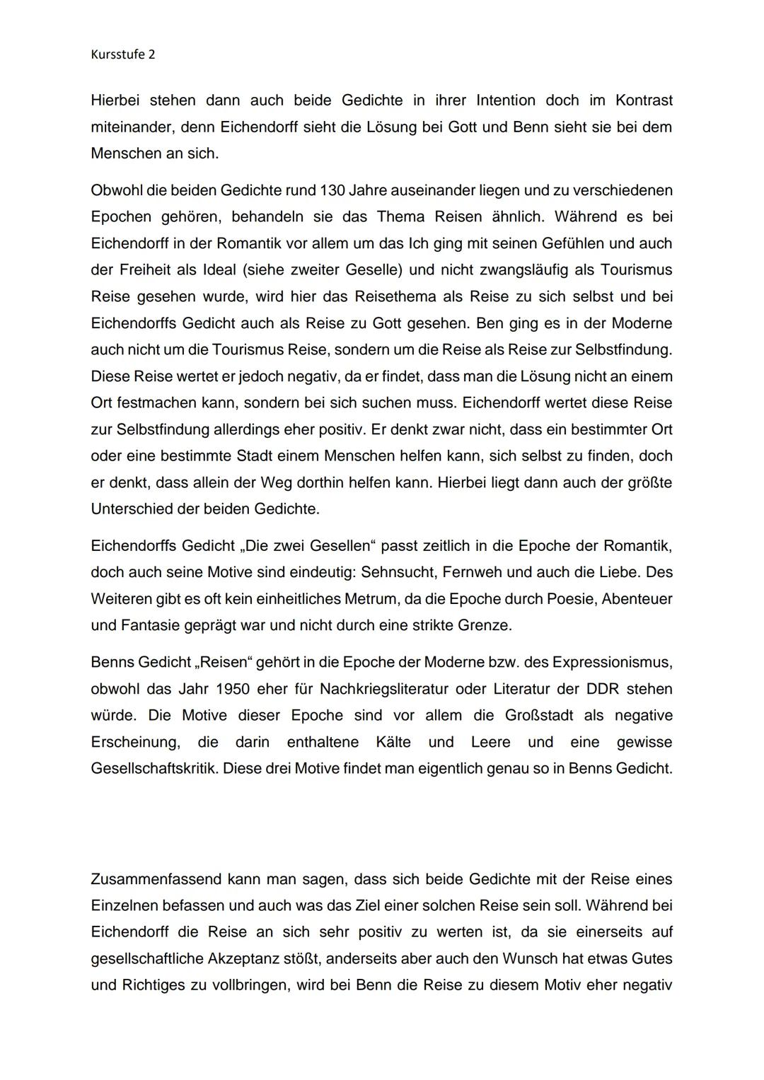 Kursstufe 2
Gedichtvergleich - Abitur Thema
Das romantische Gedicht „Die zwei Gesellen" von Joseph Eichendorff wurde 1818
veröffentlicht und