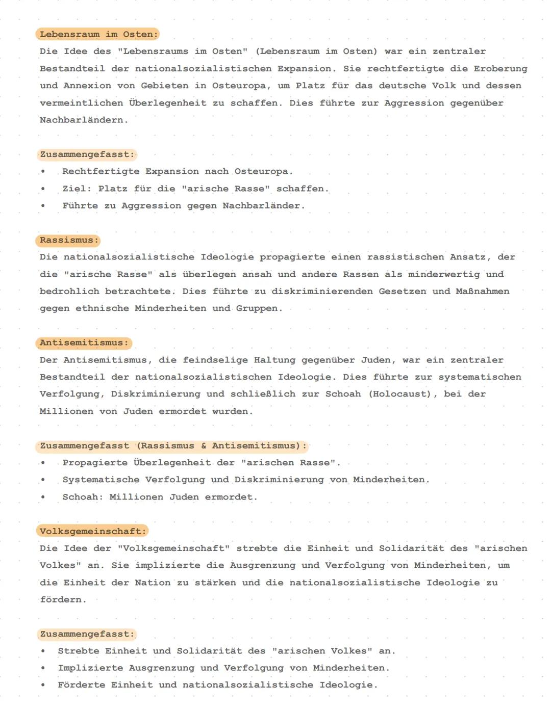 Themen:
Geschichte
1. Ideologische Grundlagen des Nationalsozialismus (Führerprinzip,
Lebensraum im Osten, Rassismus, Antisemitismus, Volksg