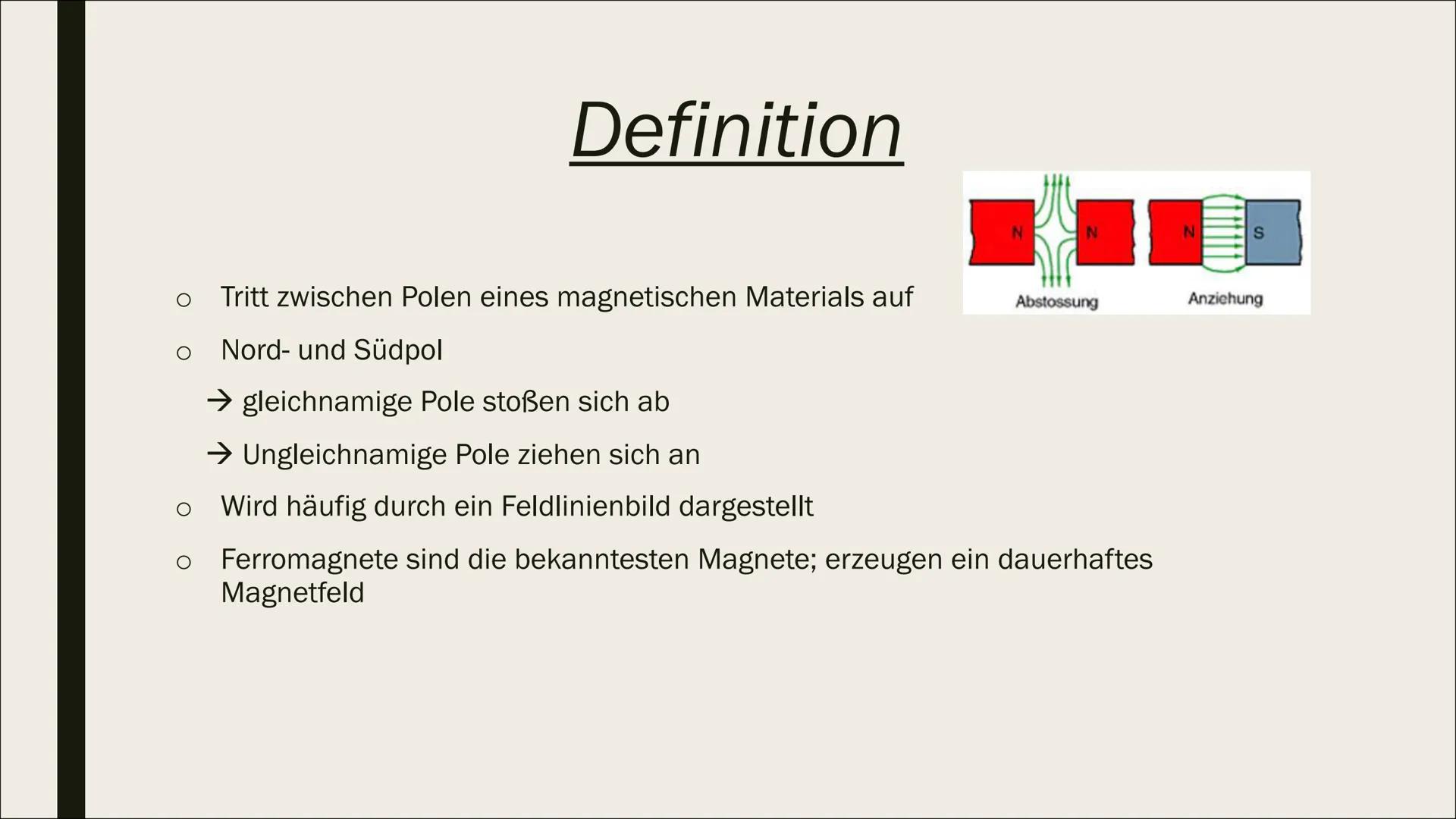 S
DAS MAGNETISCHE
FELD
Präsentation von Katharina Kühn Inhaltsverzeichnis
1) Definition
2) Feldlinienbilder
3) Stab- und Hufeisenmagnet
4) M
