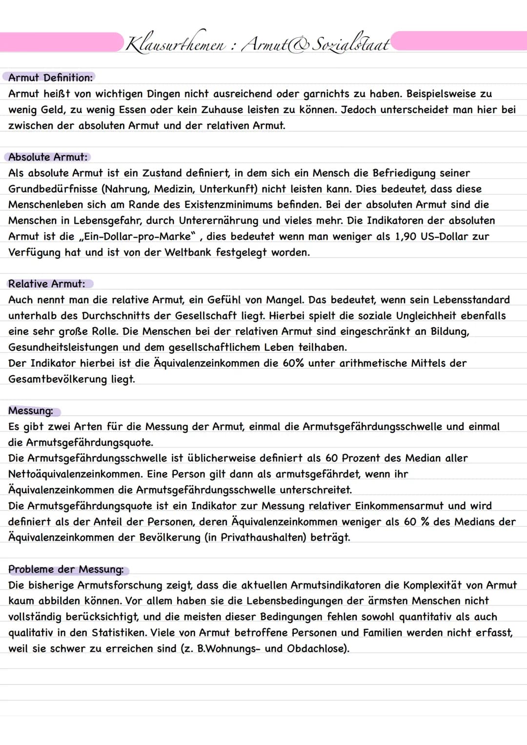 Klausurthemen : Armut & Sozialstaat
Armut Definition:
Armut heißt von wichtigen Dingen nicht ausreichend oder garnichts zu haben. Beispielsw