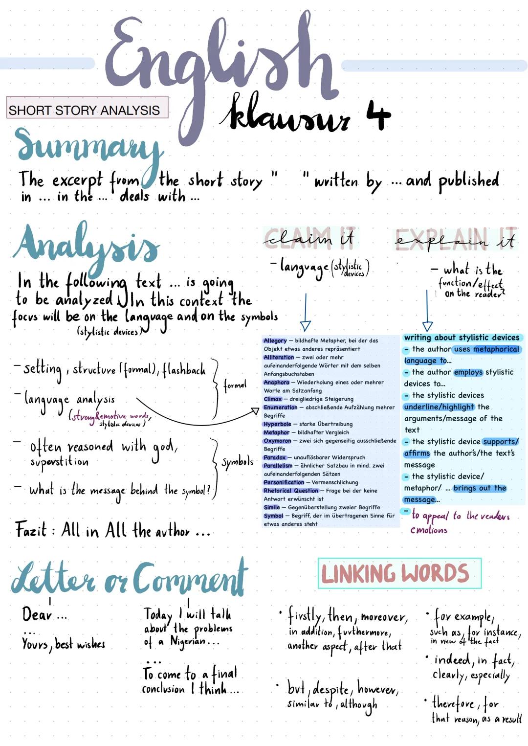 # English

SHORT STORY ANALYSIS

# Summary

klausur 4

The excerpt from the short story " "written by.... and published.
in ... in the ... d