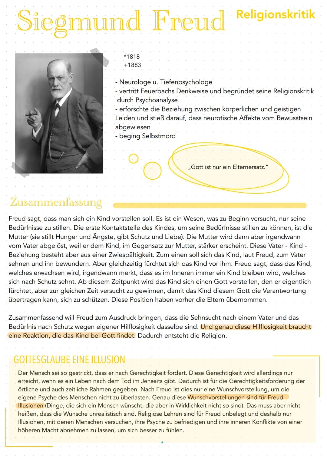 Siegmund Freud Religionskritik
*1818
+1883
Neurologe u. Tiefenpsychologe
- vertritt Feuerbachs Denkweise und begründet seine Religionskritik