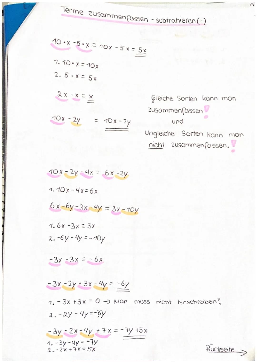 Terme und Gleichungen -Basiswissen
Terme ganz einfach erklärt
X+X+X3-x
X+X+x=3x
Man kann entweder 3-x schreiben
oder 3x.
2x + 3x + 5x = 10x

