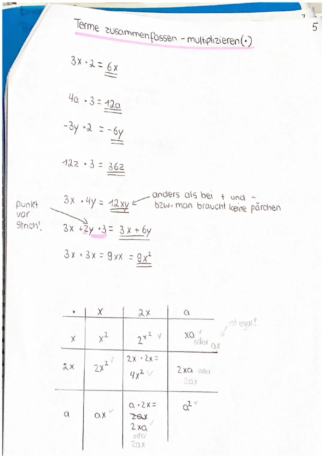 Terme und Gleichungen -Basiswissen
Terme ganz einfach erklärt
X+X+X3-x
X+X+x=3x
Man kann entweder 3-x schreiben
oder 3x.
2x + 3x + 5x = 10x
