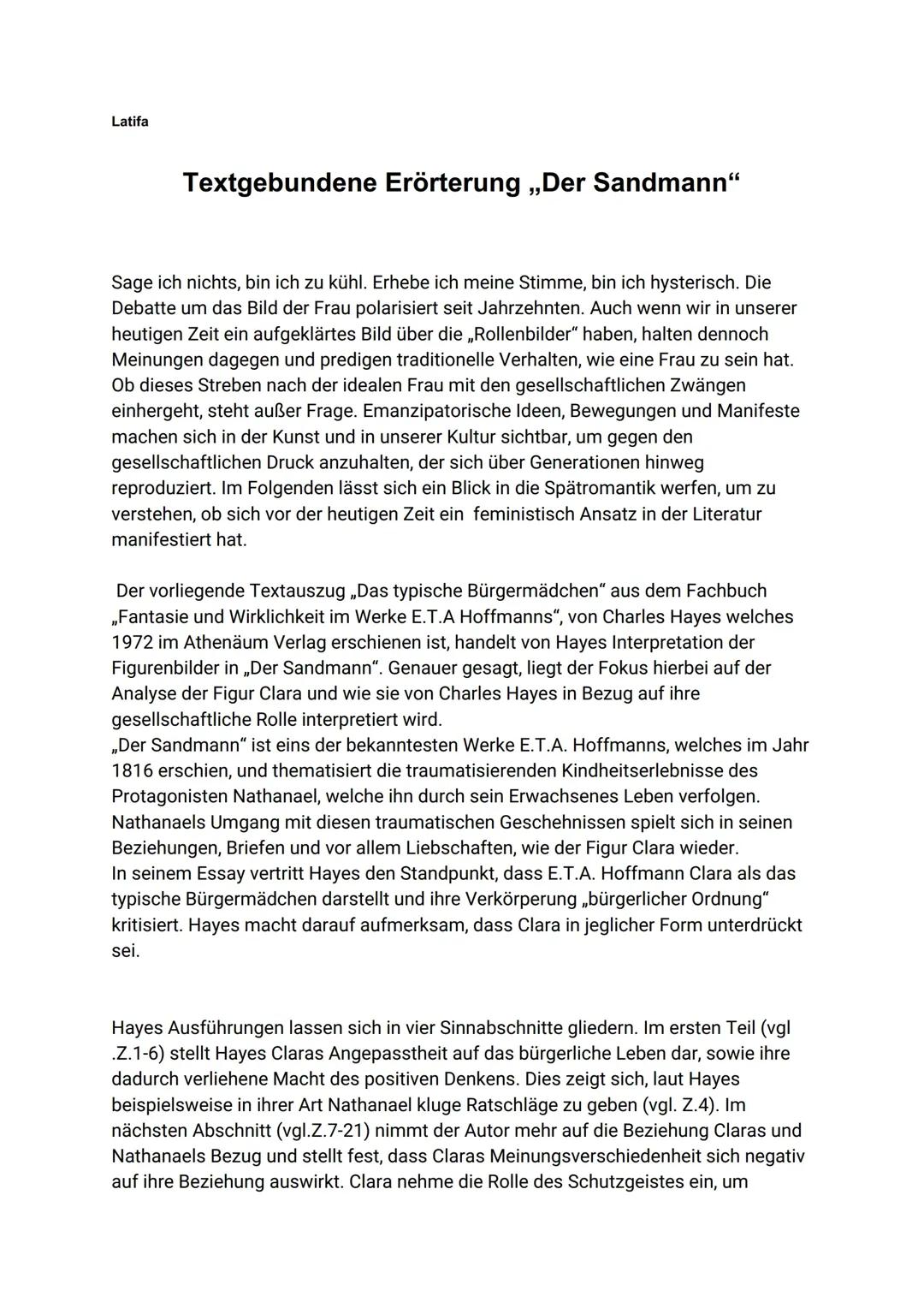Textgebundene Erörterung E.T.A Hoffmann der Sandmann 