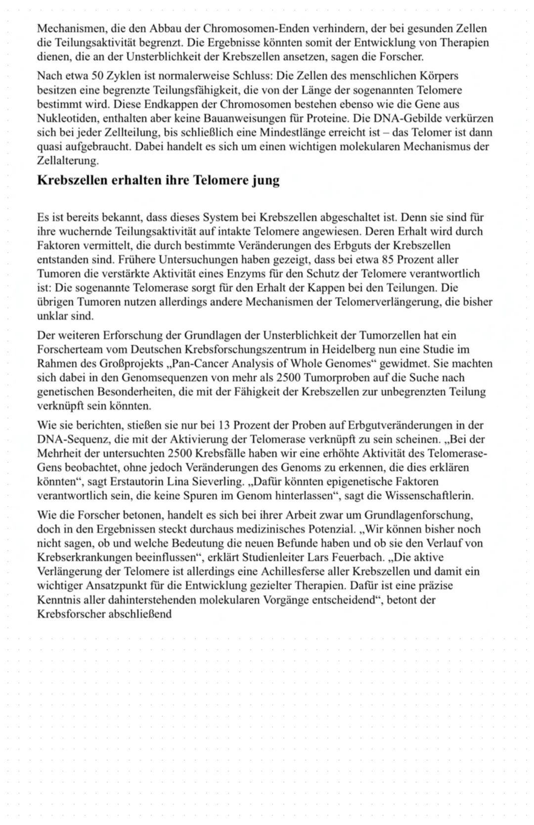 Zettelkasten
Telomere
Centromer
Telomere und das Enzym Telomerase
Schwester-
chromatiden-
Telomere und Telomerase
Bei den Telomeren handelt 