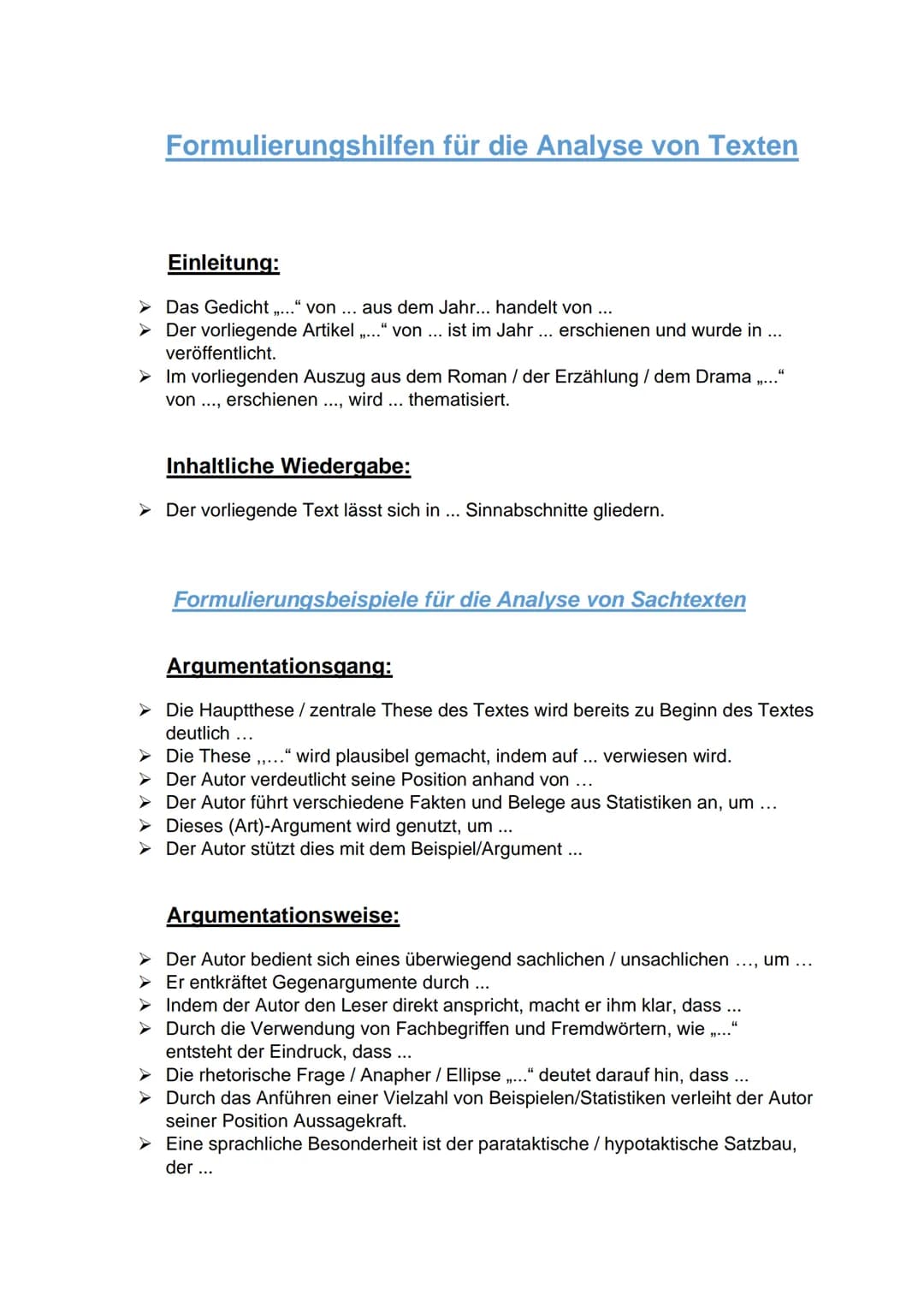 Formulierungshilfen für die Analyse von Texten
Einleitung:
Das Gedicht ,,..." von ... aus dem Jahr... handelt von ...
> Der vorliegende Arti