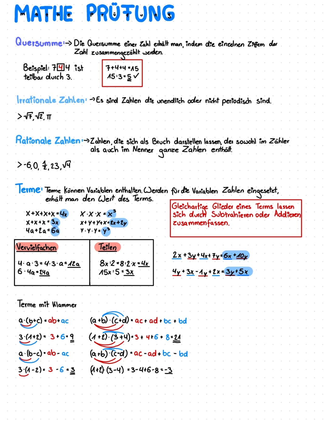 MATHE PRÜFUNG
Quersumme-> Die Quersumme einer Zahl erhält man, indem die einzelnen Ziffem der
Zahl zu
werden.
zusammengezählt
Beispiel: 744 
