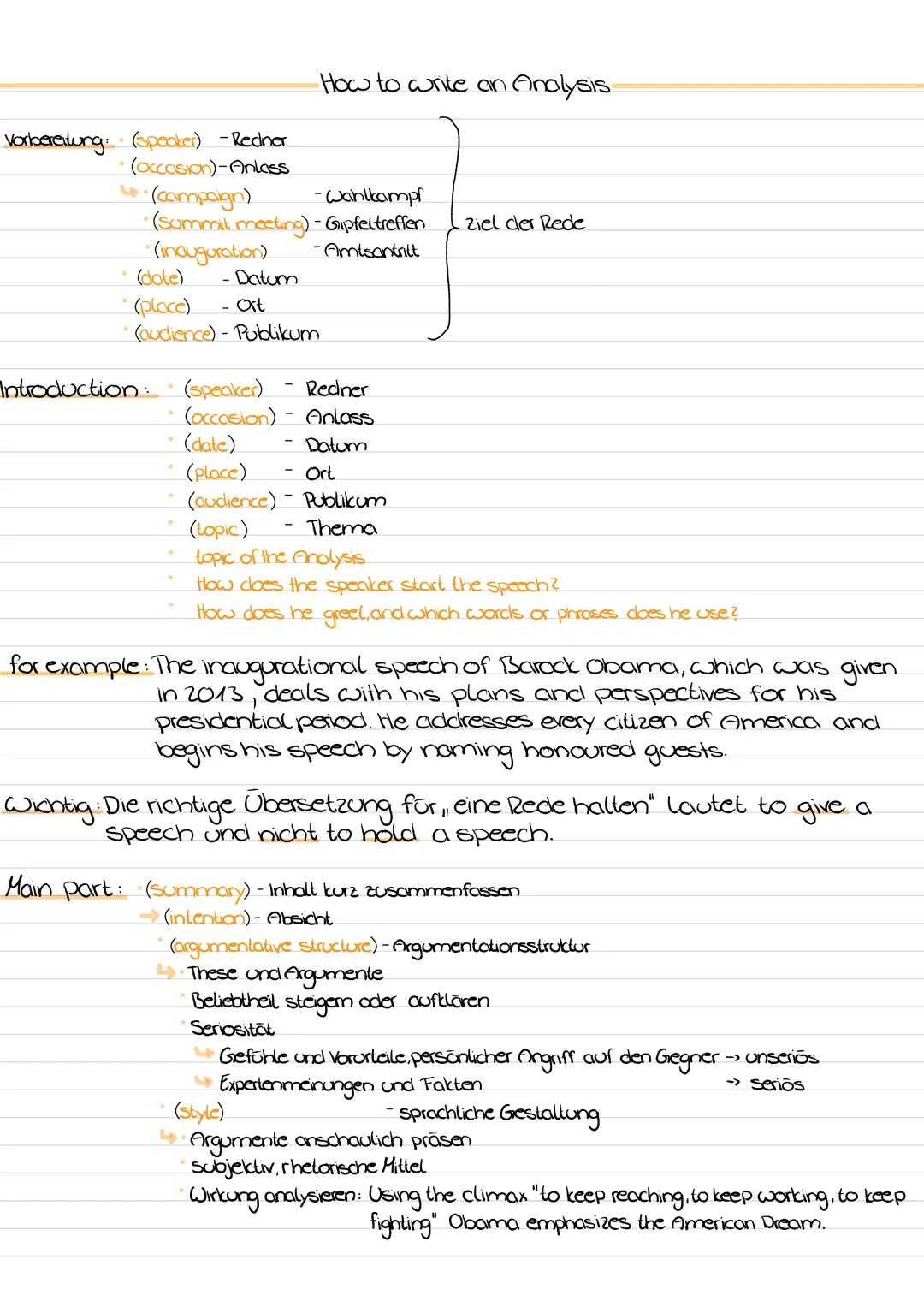 How to write an Analysis

Vorbereitung: (Speaker) - Redner
*   (occasion)-Anlass
*   (campaign).
    -Wahlkampf
*   (Summail meeting) - Gipf